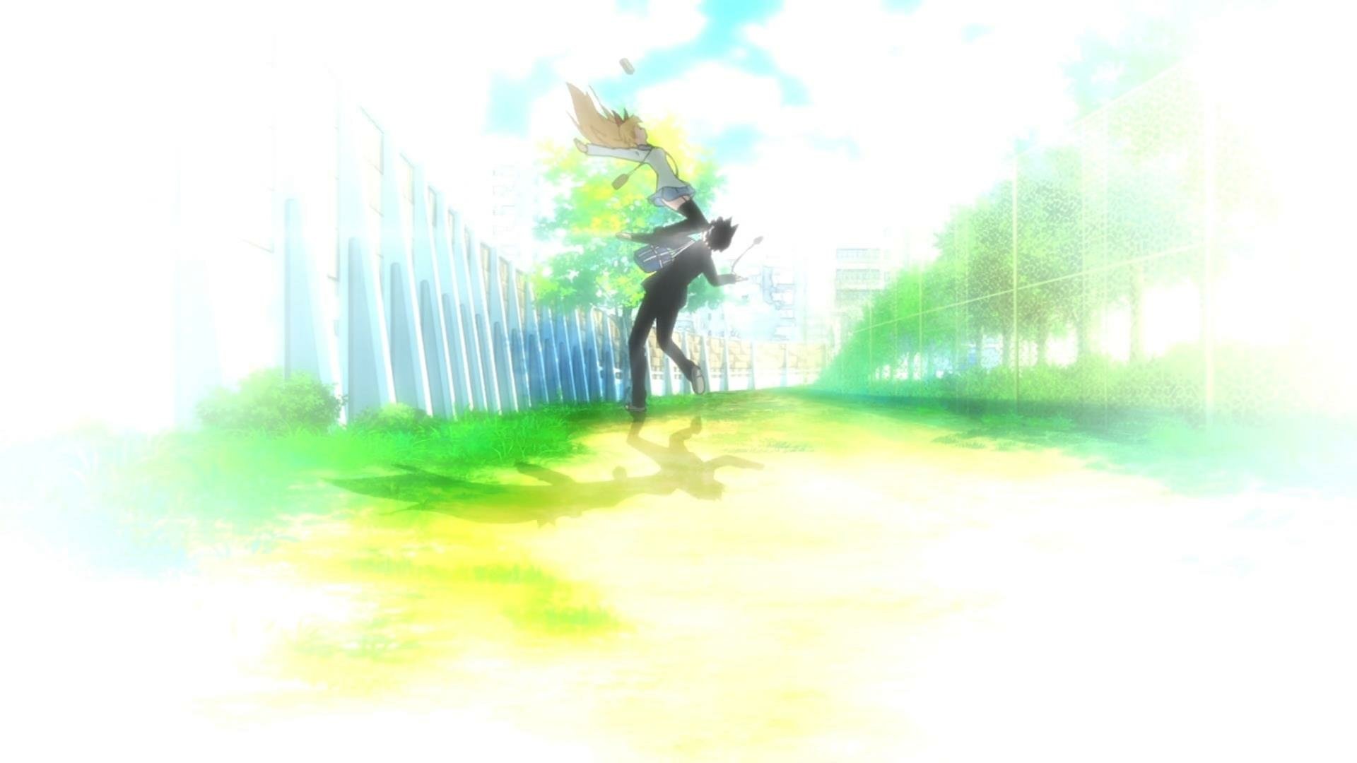 HD anime desktop wallpaper featuring Raku Ichijō and Chitoge Kirisaki from Nisekoi, with bright outdoor scenery and soft, vibrant colors.