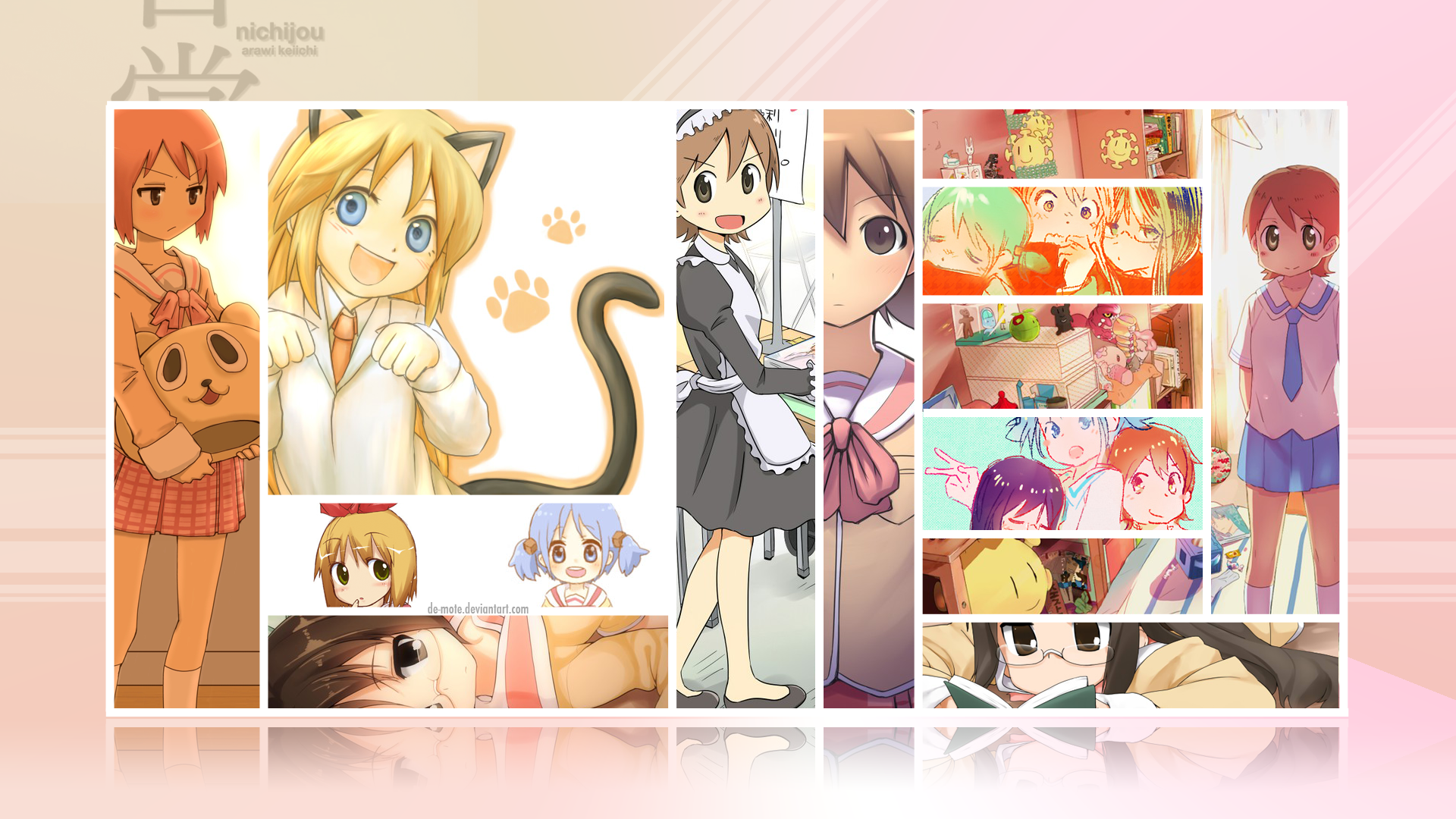 Anime-themed Nichijō HD PC desktop wallpaper featuring various colorful character illustrations from the series in a vibrant, collage-style layout.