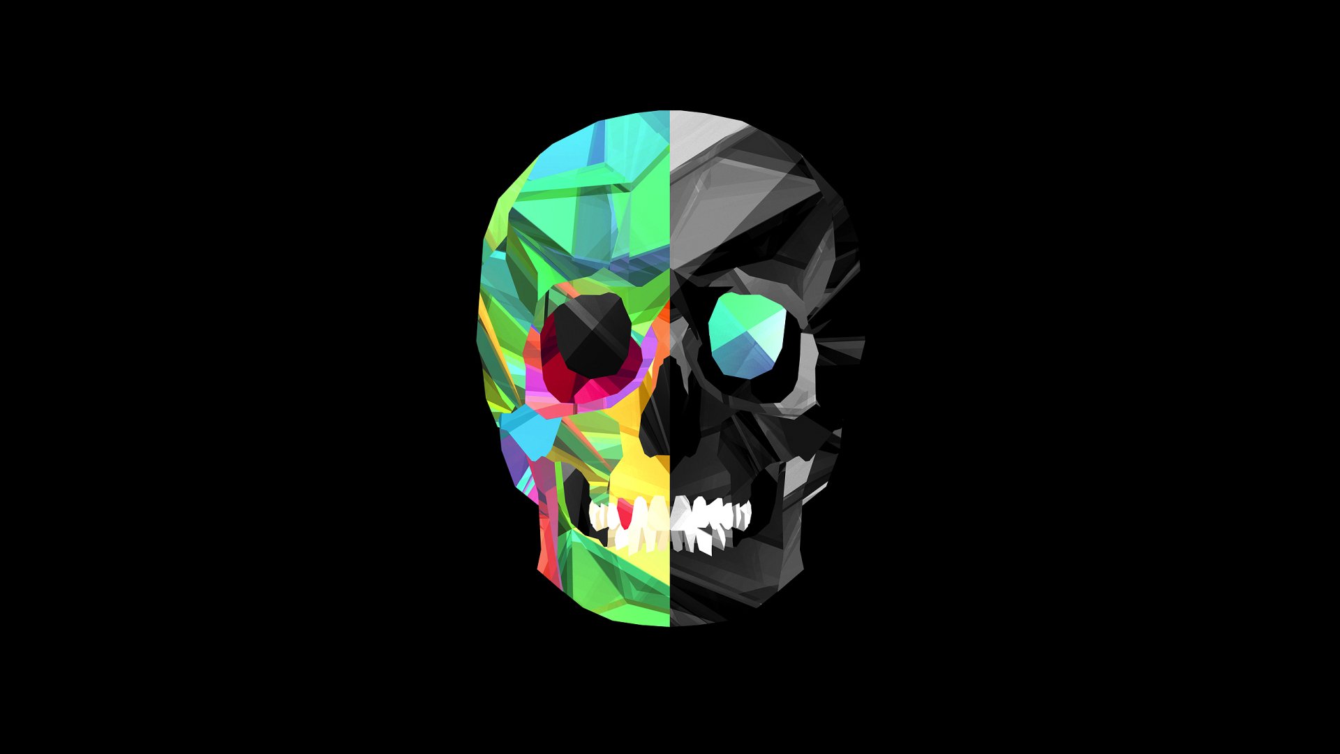 HD PC desktop wallpaper featuring an abstract skull composed of colorful and monochrome geometric facets against a black background.