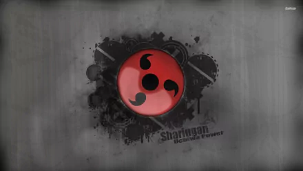 HD desktop wallpaper featuring the red Sharingan eye with black tomoe, from the anime Naruto. The background is grungy and includes the text Sharingan: Uchiha Power.