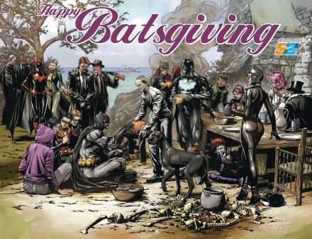 4K Ultra HD wallpaper featuring Batman, Batgirl, Robin, Catwoman, James Gordon, Penguin, Ace the Bat-Hound, and others celebrating Thanksgiving in a detailed comic scene.