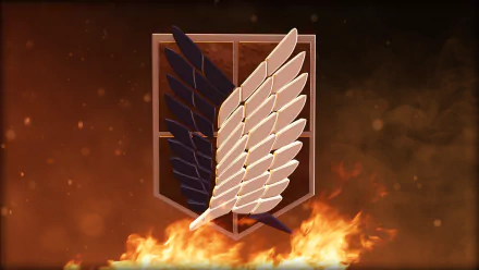 HD desktop wallpaper featuring the Wings of Freedom emblem from Attack on Titan, set against a fiery background with floating embers.