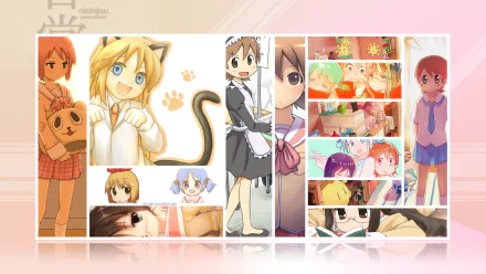 Anime-themed Nichijō HD PC desktop wallpaper featuring various colorful character illustrations from the series in a vibrant, collage-style layout.