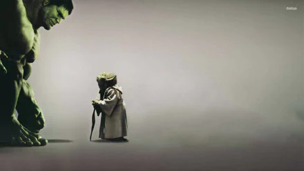 HD desktop wallpaper featuring a humorous standoff between Hulk and Yoda from Star Wars, set against a subtle gray background.