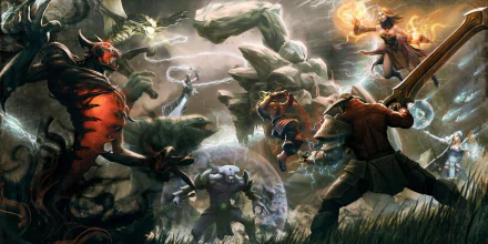 A dynamic HD desktop wallpaper featuring intense action from the video game DotA 2, showcasing legendary heroes clashing amidst a dramatic, rocky landscape.