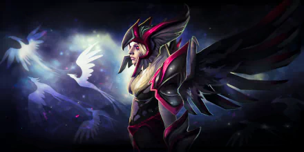A vibrant HD wallpaper featuring Vengeful Spirit from DotA 2, showcasing her powerful presence with dark armor and ethereal wings against a mystical background.