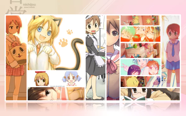 Anime-themed Nichijō HD PC desktop wallpaper featuring various colorful character illustrations from the series in a vibrant, collage-style layout.