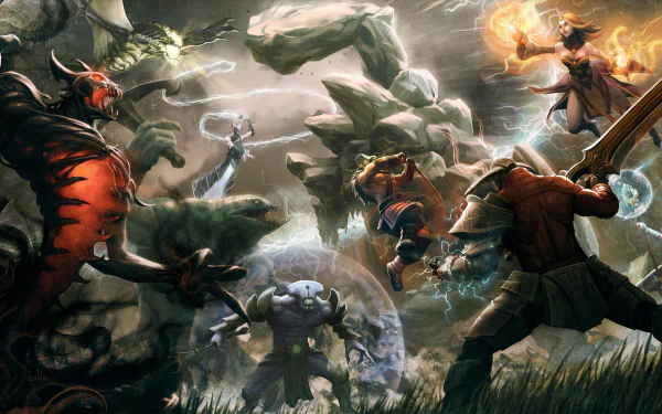 A dynamic HD desktop wallpaper featuring intense action from the video game DotA 2, showcasing legendary heroes clashing amidst a dramatic, rocky landscape.