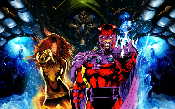 HD PC desktop wallpaper and background: comic-style Jean Grey/Phoenix and Magneto in front, Doctor Doom looming behind, vibrant X-Men energy and cosmic, fiery effects.