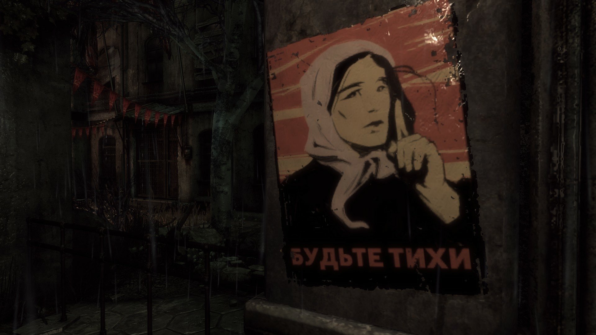 Dark grey rainy video game wallpaper: Russian poster of a woman in a headscarf reading БУДЬТЕ ТИХИ on a grim, Singularity-themed urban scene — HD PC desktop background, Dark Gaming vibe.
