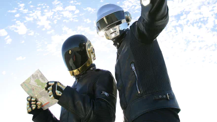HD PC desktop wallpaper featuring Daft Punk in their iconic helmets against a bright sky, blending music culture with modern digital art.