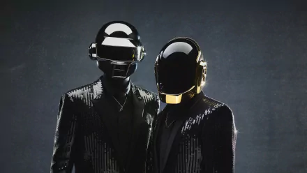 HD PC desktop wallpaper featuring Daft Punk's iconic robotic helmets and sleek black outfits against a dark, textured background, capturing their futuristic music style.
