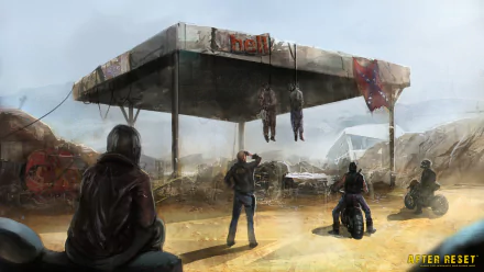 Video game After Reset HD PC desktop wallpaper and background: dusty post‑apocalyptic desert scene with survivors and motorcycles gathered under a ruined gas station canopy.
