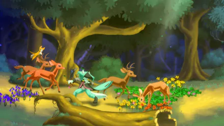 HD wallpaper featuring characters from Dust: An Elysian Tail in a mystical forest setting.