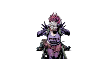 HD PC desktop wallpaper and background: Duela Dent from the Batman: The Dark Knight comic, snarling in a torn mask and purple outfit with spiked pink hair on a white backdrop.