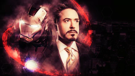 A striking HD desktop wallpaper featuring Iron Man, showcasing a dramatic portrait of the character alongside his iconic helmet and vibrant energy effects.