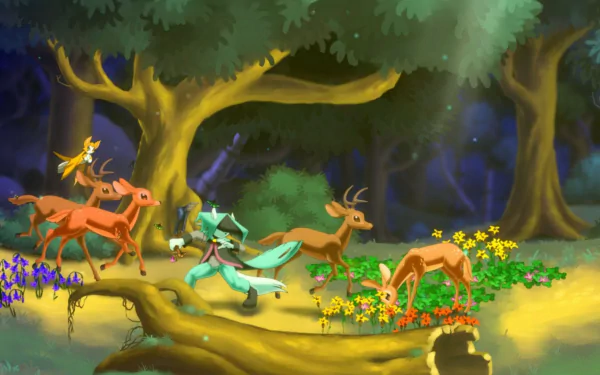 HD wallpaper featuring characters from Dust: An Elysian Tail in a mystical forest setting.