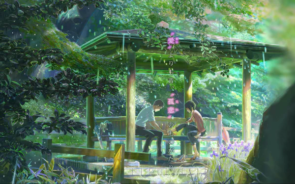 HD desktop wallpaper featuring a scene from The Garden of Words anime, with two characters sitting under a lush, green gazebo surrounded by vibrant flora.