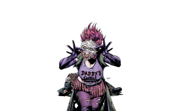HD PC desktop wallpaper and background: Duela Dent from the Batman: The Dark Knight comic, snarling in a torn mask and purple outfit with spiked pink hair on a white backdrop.