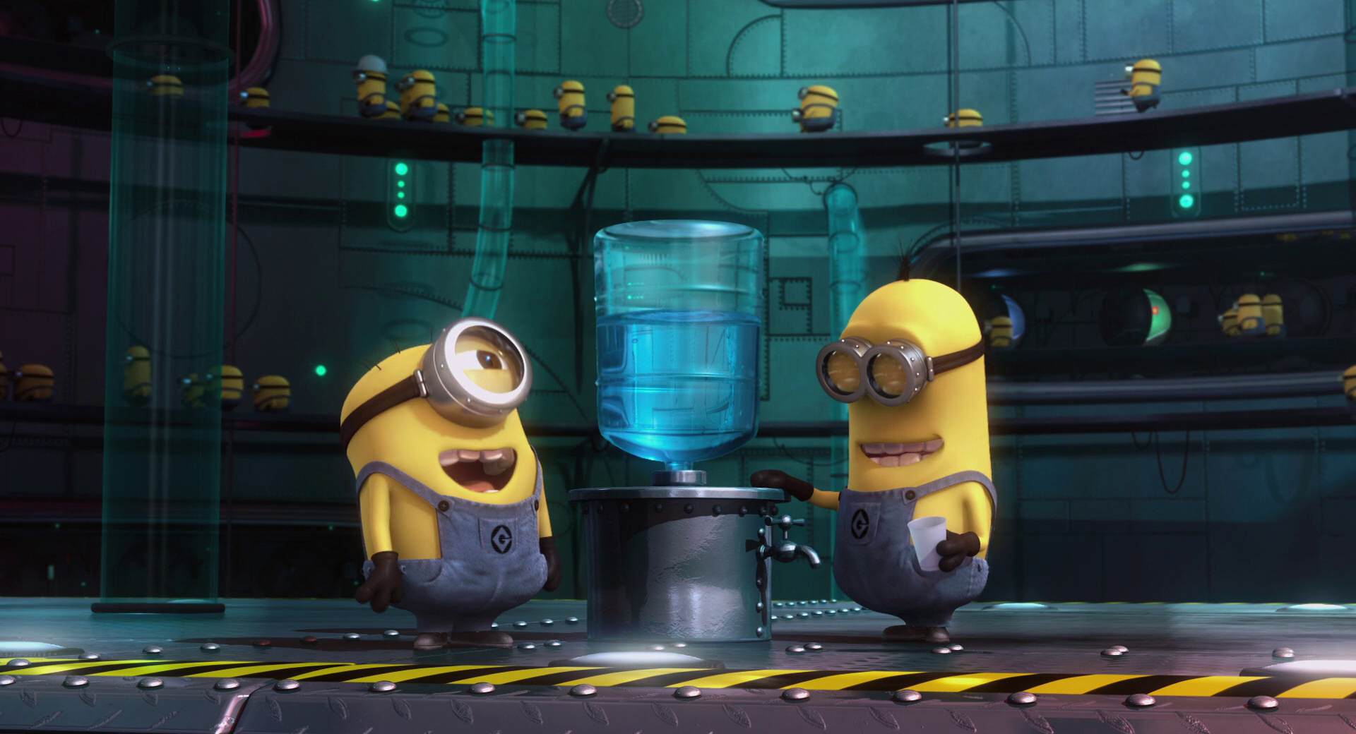HD desktop wallpaper featuring Minions from the movie Despicable Me gathered around a water cooler in a high-tech setting.