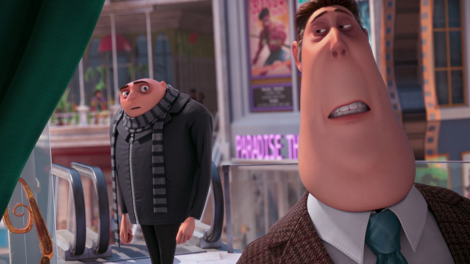 HD desktop wallpaper featuring Gru from Despicable Me 2 standing in a cityscape with another character, capturing a scene from the Despicable Me movie series.
