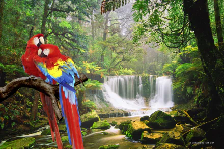 A vibrant scene featuring two scarlet macaws perched on a branch in a lush forest, with a serene waterfall cascading in the background, showcasing the beauty of nature.