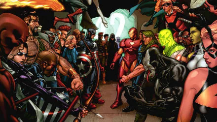 HD PC desktop wallpaper featuring a dynamic comic collage of Ms. Marvel, She-Hulk, Iron Man, Captain America, and Daredevil facing off in an intense showdown.