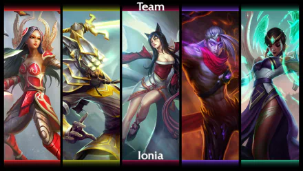 HD wallpaper featuring champions Karma, Varus, Ahri, Master Yi, and Irelia from League of Legends, showcasing the vibrant aesthetic of Team Ionia.