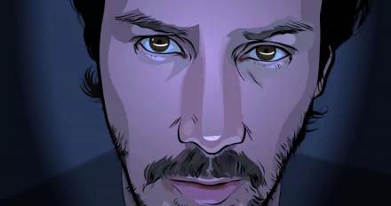HD digital artwork of Keanu Reeves from the movie A Scanner Darkly, featuring a close-up stylized portrait with intense eyes and moody blue tones.