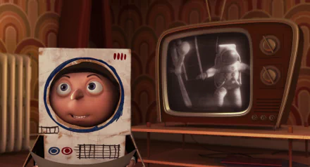 HD PC desktop wallpaper featuring Gru from the Despicable Me movie, shown through a cardboard astronaut suit next to a vintage TV displaying a black-and-white image.