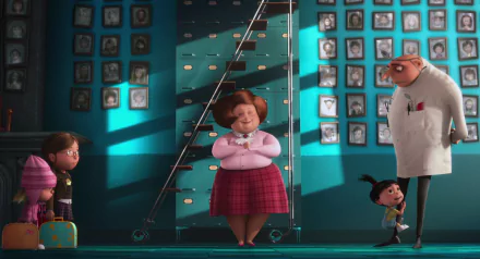 HD PC desktop wallpaper featuring Margo, Agnes, Edith, Miss Hattie, and Gru from the movie Despicable Me in a colorful, animated scene.