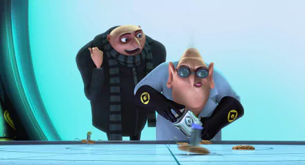 HD desktop wallpaper featuring Dr. Nefario and Gru from the movie Despicable Me in a vibrant animated scene.