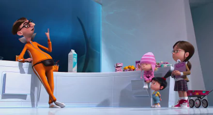 HD desktop wallpaper featuring Vector and the three girls—Margo, Edith, and Agnes—from the movie Despicable Me in a playful indoor scene.