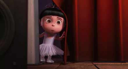 Agnes from Despicable Me peeks out from behind a curtain in a ballet outfit. HD desktop wallpaper and background for Despicable Me fans.