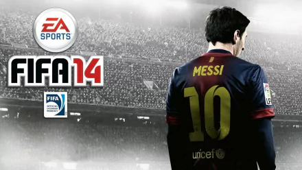 A dramatic HD wallpaper featuring Lionel Messi in FIFA 14, showcasing his iconic jersey in a packed stadium, with EA Sports branding prominently displayed.