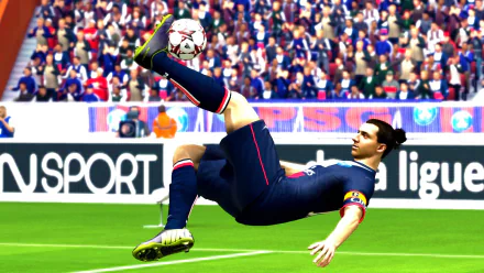 An action-packed HD desktop wallpaper from FIFA 14, showcasing a player performing an acrobatic move on the field, surrounded by cheering fans in the background.