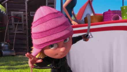 Edith (Despicable Me) from the movie Despicable Me 2 in a pink beanie and black outfit, leaning forward — HD PC desktop wallpaper background.