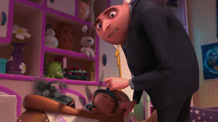 HD desktop wallpaper from Despicable Me 2 featuring Gru looking concerned over Agnes sleeping in a basket, surrounded by colorful toys and a cozy room setting.