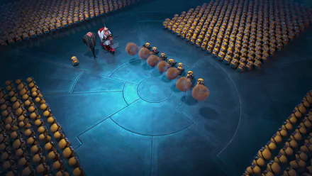 HD desktop wallpaper from Despicable Me 2 featuring Gru and Dr. Nefario standing with minions in a large circular arena.