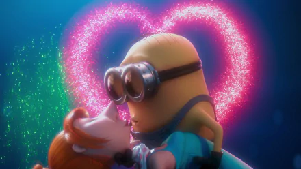 HD PC desktop wallpaper from Despicable Me 2 featuring Lucy and a Minion sharing a tender moment with a glowing heart in the background.