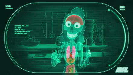 HD PC desktop wallpaper from Despicable Me 2 featuring an X-ray view of Lucy’s animated character revealing her internal organs in a stylized medical scan design.