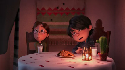 HD PC desktop wallpaper featuring Margo and another character from Despicable Me 2 sitting at a candlelit table with cookies and drinks in a cozy setting.