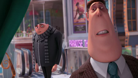 HD desktop wallpaper featuring Gru from Despicable Me 2 standing in a cityscape with another character, capturing a scene from the Despicable Me movie series.