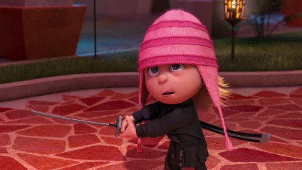 Edith from Despicable Me 2 in a pink hat and black outfit, holding a sword in a nighttime outdoor setting, featured in an HD PC desktop wallpaper.