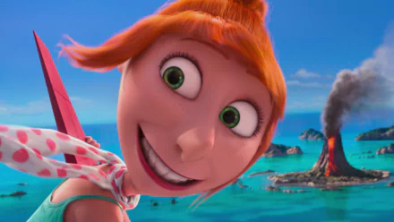 HD PC desktop wallpaper featuring Lucy from the movie Despicable Me 2 with a volcanic island erupting in the background.