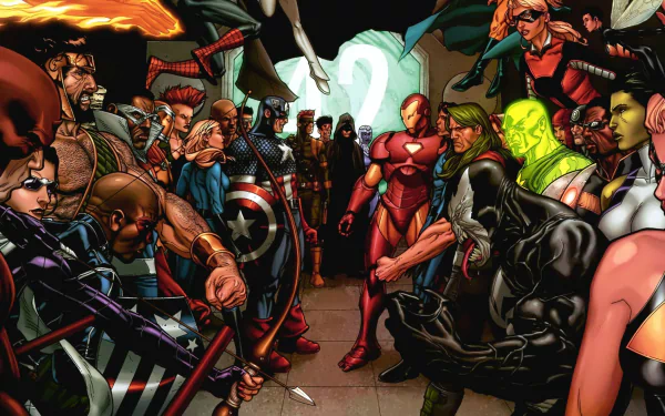 HD PC desktop wallpaper featuring a dynamic comic collage of Ms. Marvel, She-Hulk, Iron Man, Captain America, and Daredevil facing off in an intense showdown.
