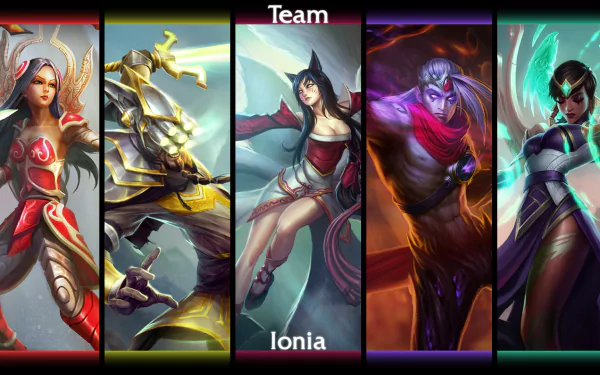 HD wallpaper featuring champions Karma, Varus, Ahri, Master Yi, and Irelia from League of Legends, showcasing the vibrant aesthetic of Team Ionia.