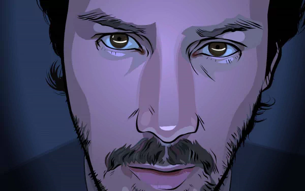 HD digital artwork of Keanu Reeves from the movie A Scanner Darkly, featuring a close-up stylized portrait with intense eyes and moody blue tones.