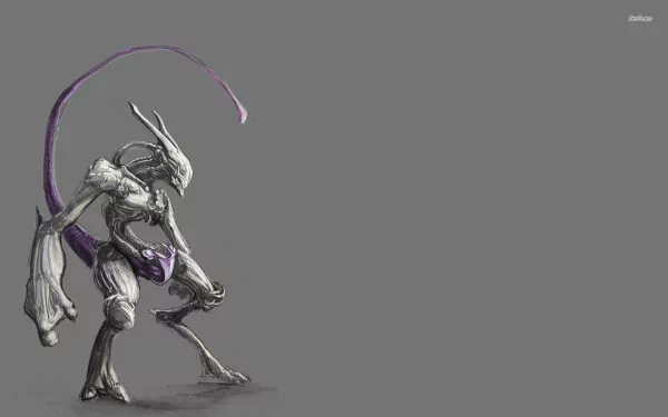 HD desktop wallpaper featuring an anime-style illustration of Mewtwo, the Pokémon, on a gray background.