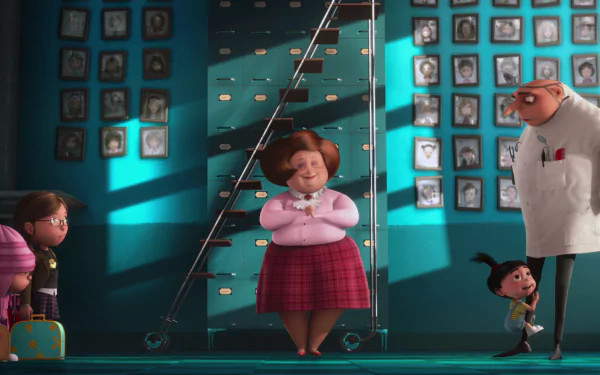 HD PC desktop wallpaper featuring Margo, Agnes, Edith, Miss Hattie, and Gru from the movie Despicable Me in a colorful, animated scene.